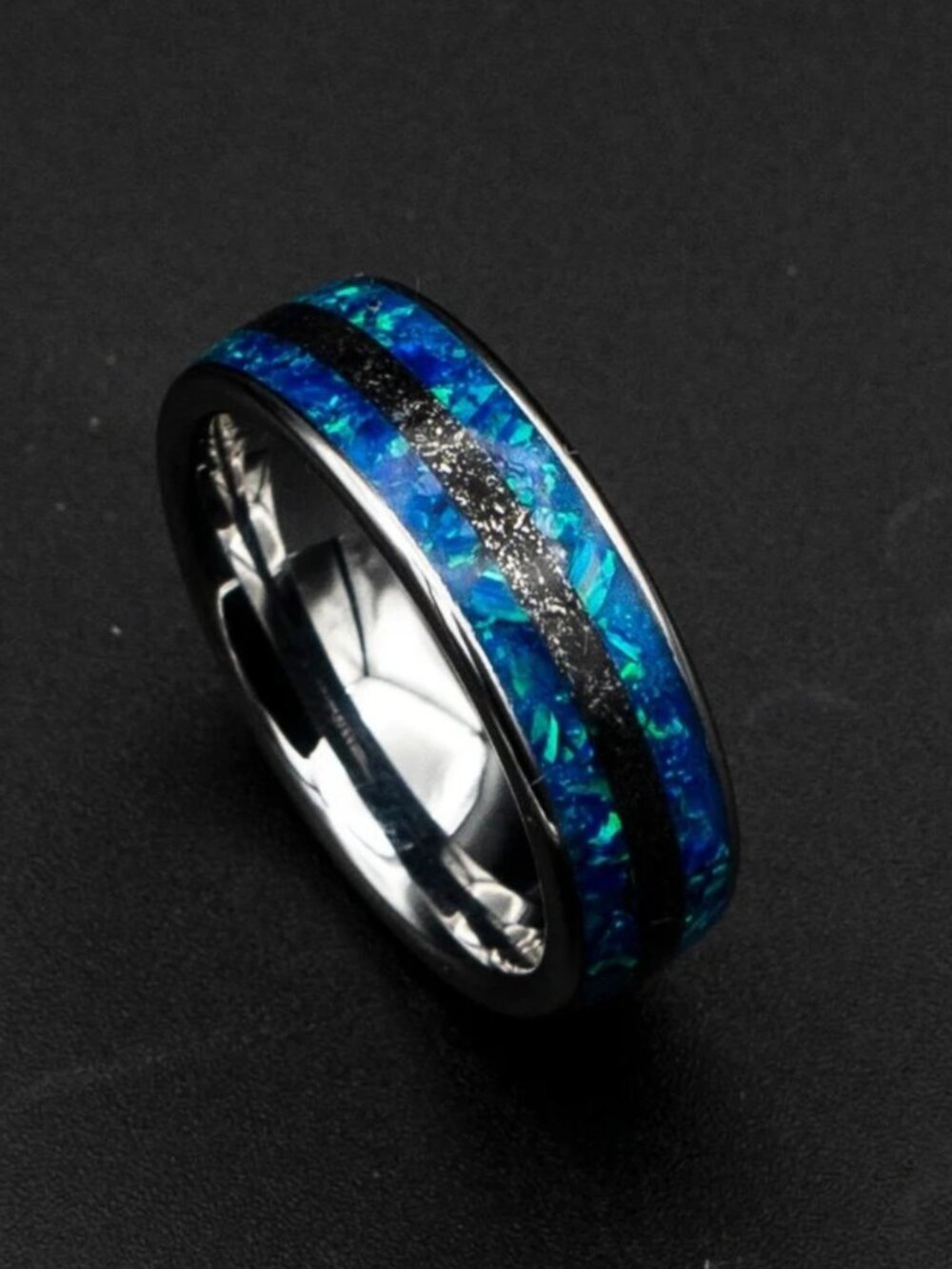 Mens 10.5 tungsten ring with meteorite and blue opal inlay